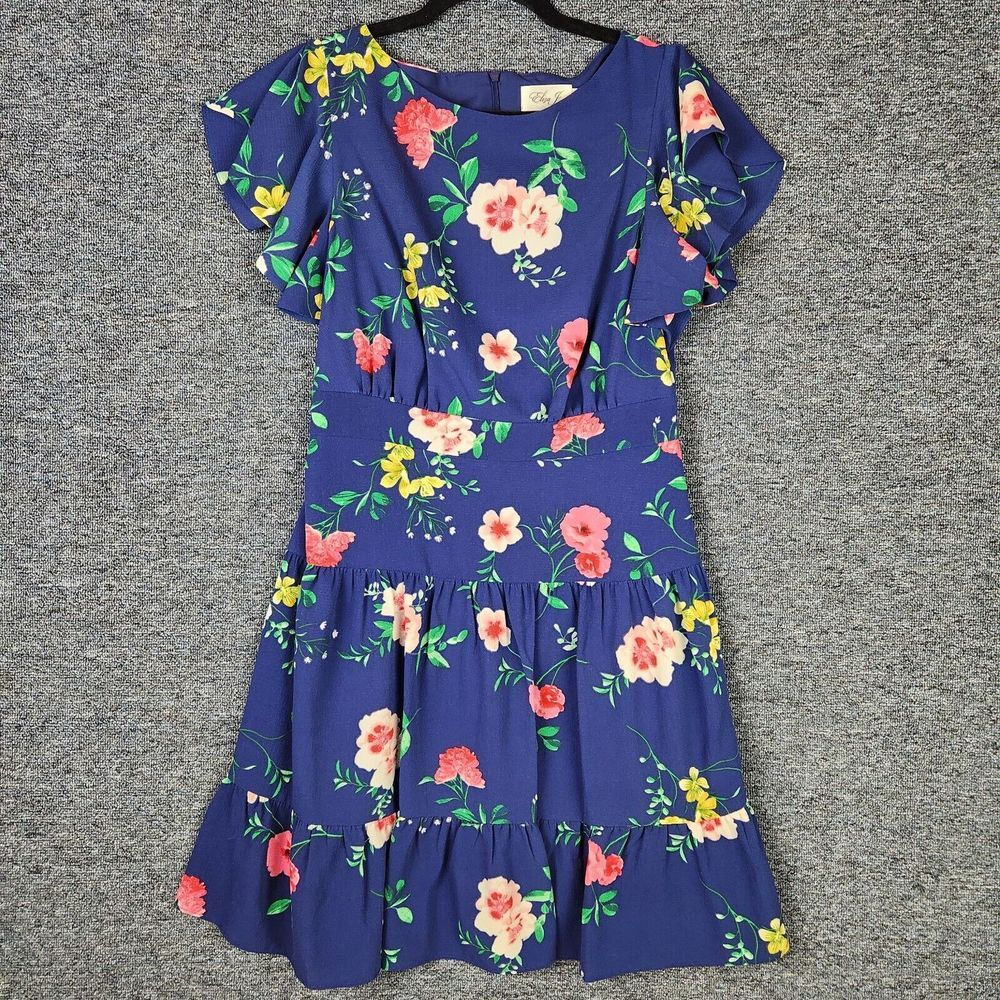 Eliza J Navy Blue Floral Flutter Sleeve Dress with Pockets Womens Size 8